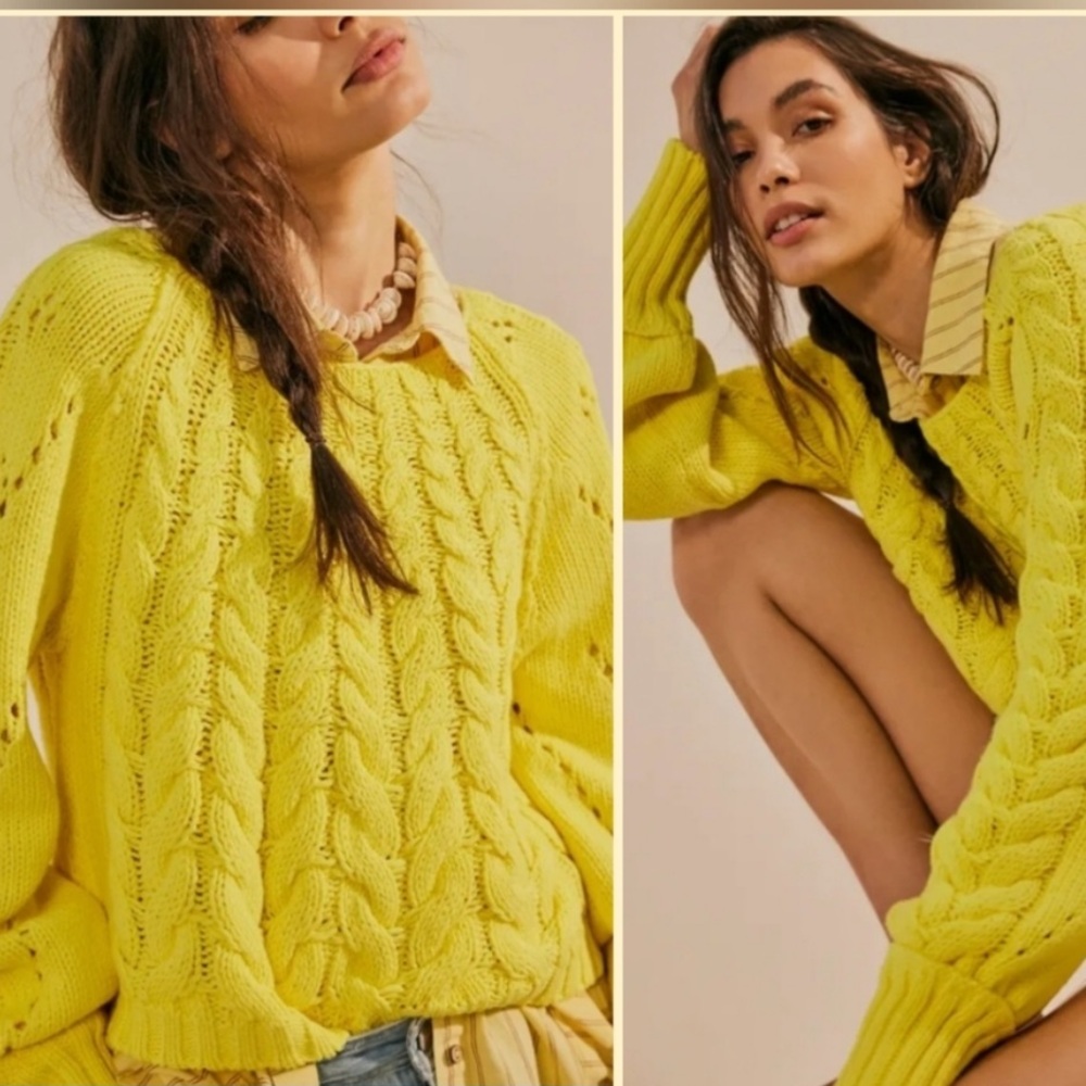 Free People Sandre Oversized Pullover Yellow Cable Knit Crew Neck Chunky Sweater